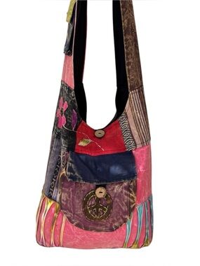 KPC BOHO Hippie Patchwork Cross Body Shoulder Bag Cotton Peace Sign Hipster
